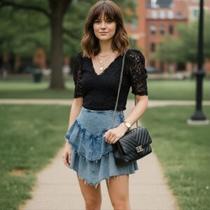 Mother ruffle tiered denim mini skirt boho 26